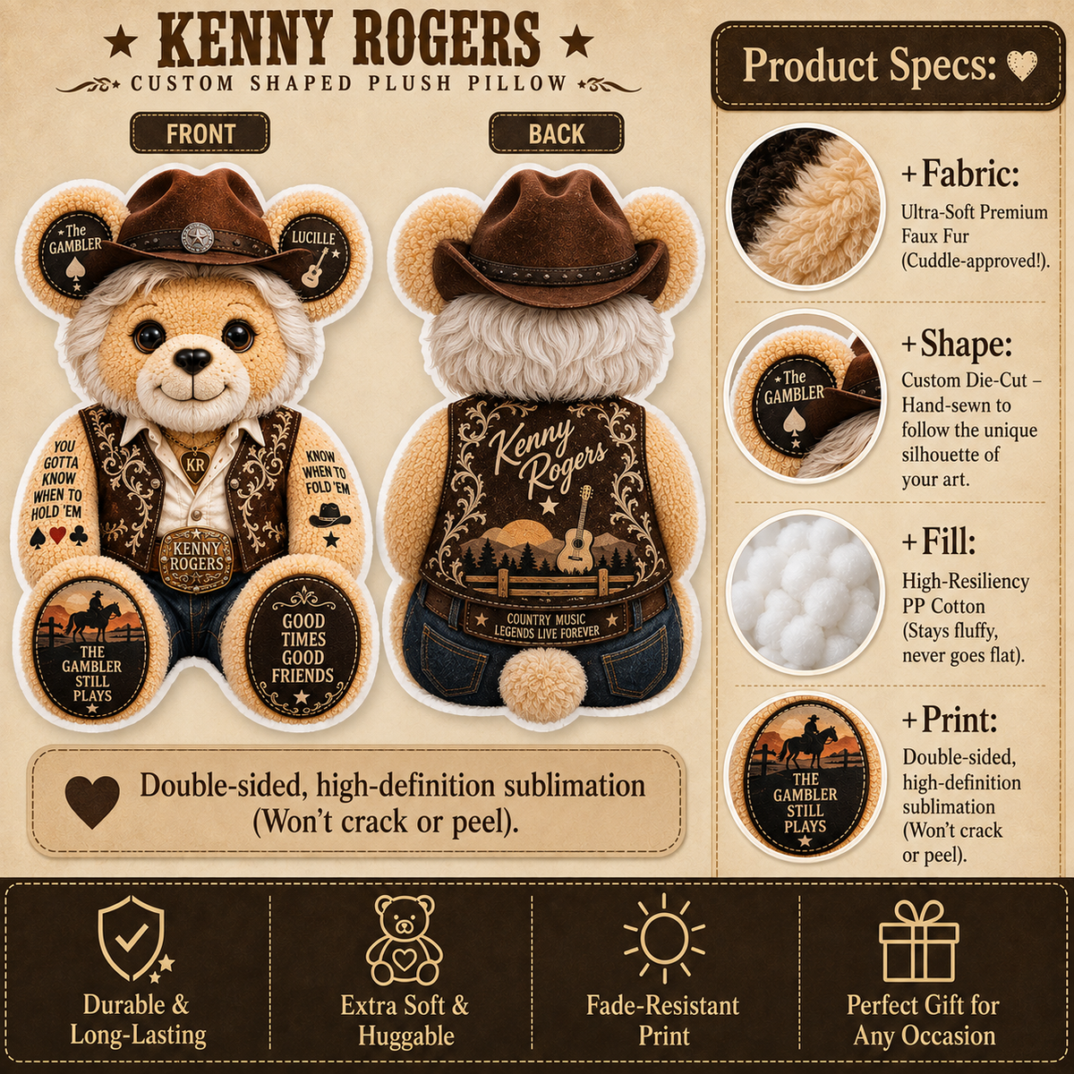 Kenny Rogers Bear Custom Shaped Pillow – The Gambler Country Music Legend Fan Gift