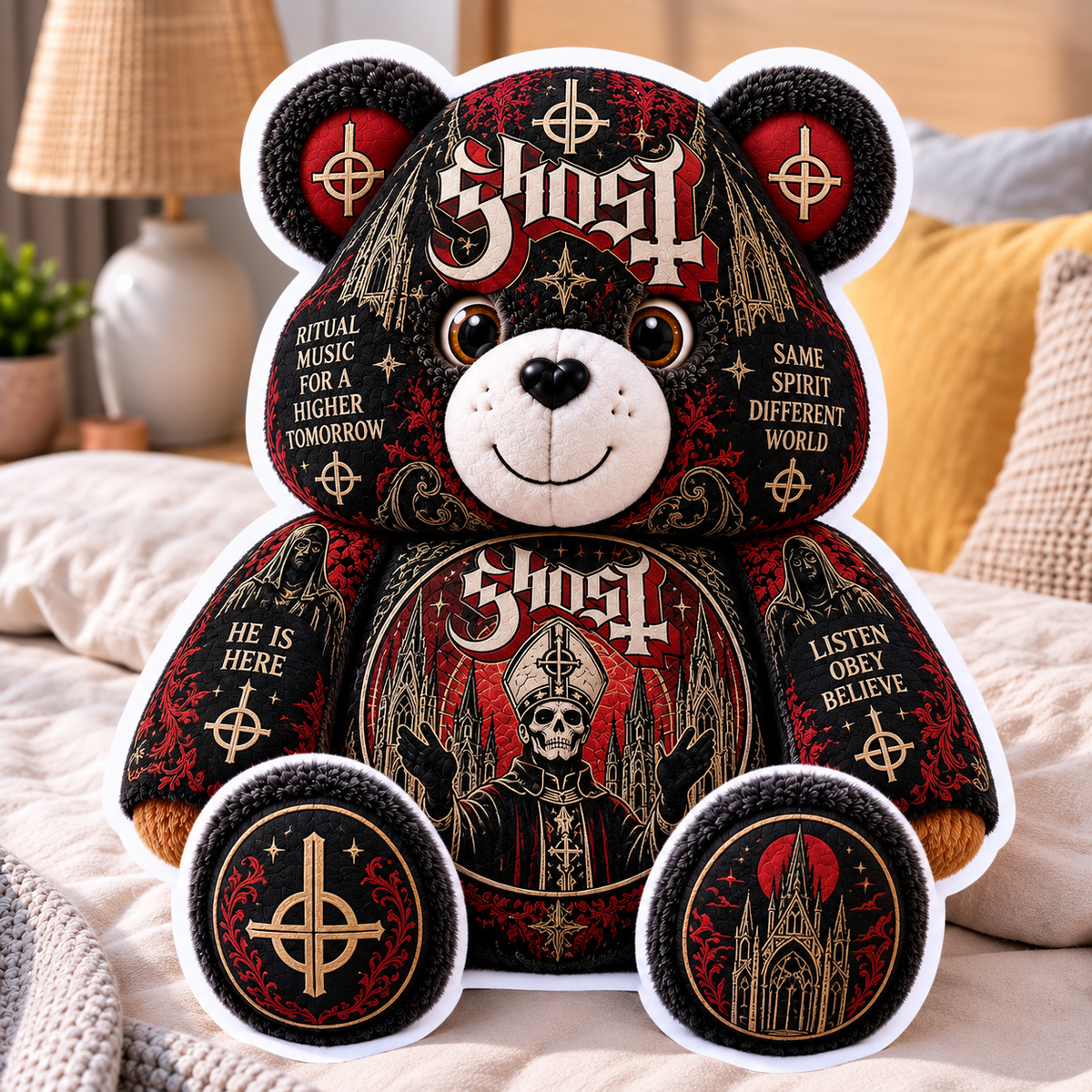 Ghost Custom Shaped Bear Pillow – Heavy Metal Music Inspired Gift for Ghost Fans