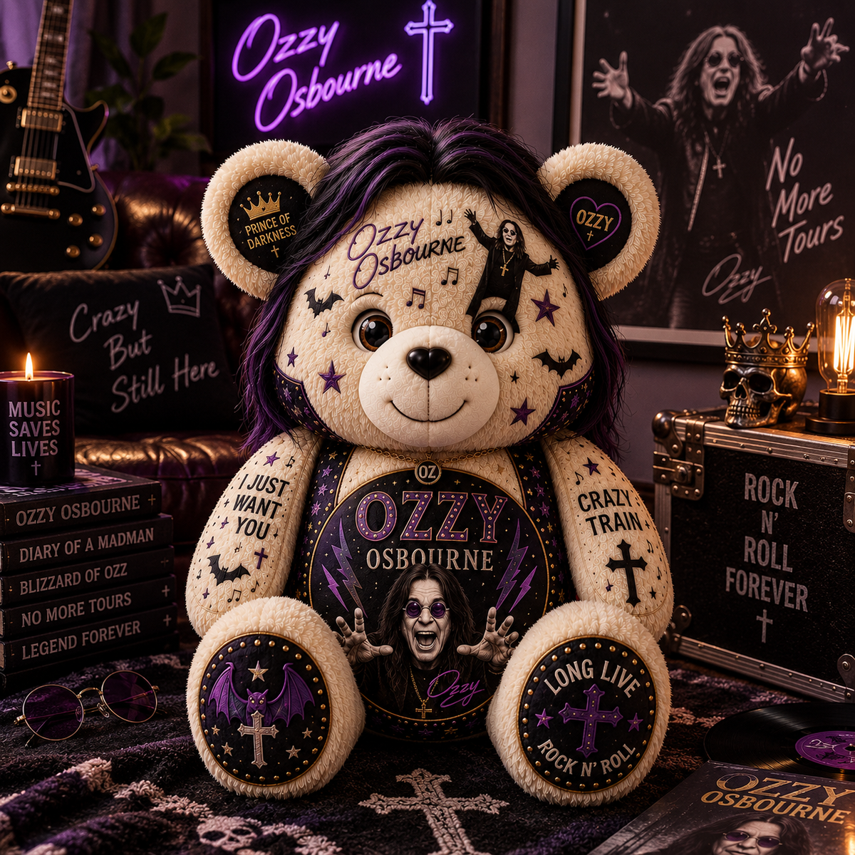 Ozzy Osbourne Bear Custom Shaped Pillow – Prince of Darkness Rock Music Fan Gift