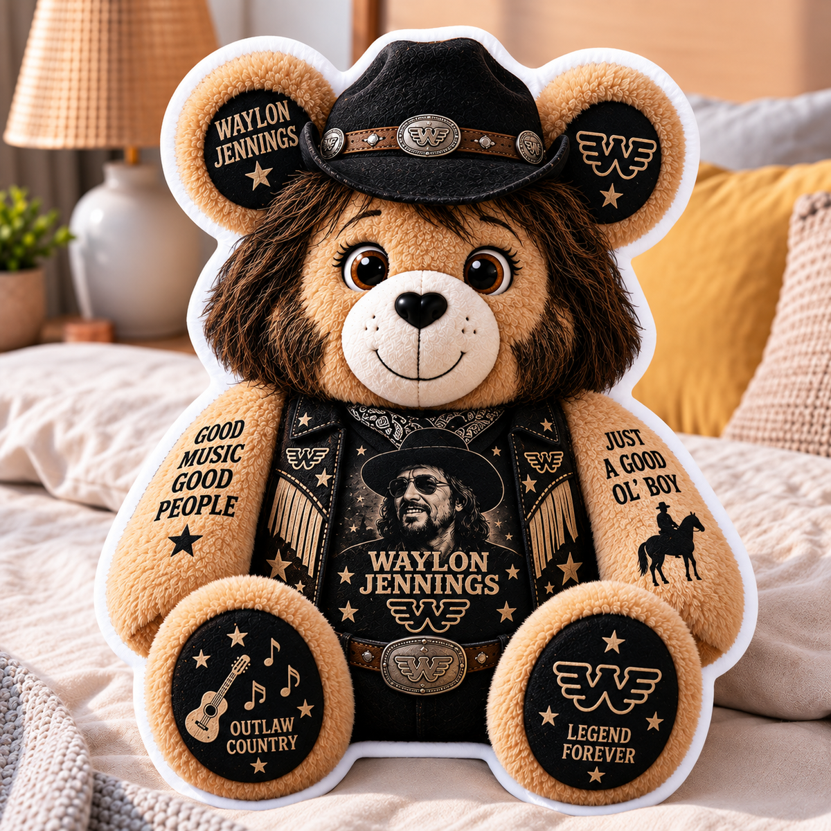 Waylon Jennings Custom Shaped Bear Pillow – Outlaw Country Music Inspired Gift for Waylon Jennings Fans