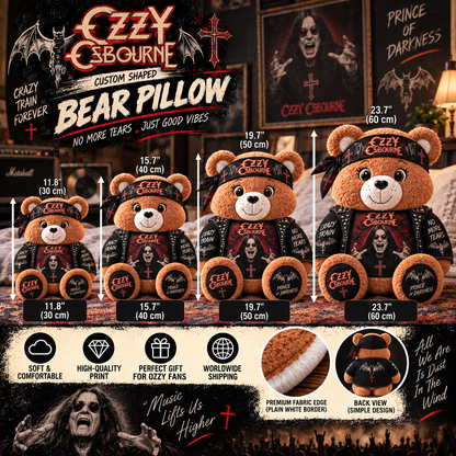 Ozzy Osbourne Custom Shaped Bear Pillow – Crazy Train Prince of Darkness Rock Music Inspired Gift for Ozzy Fans