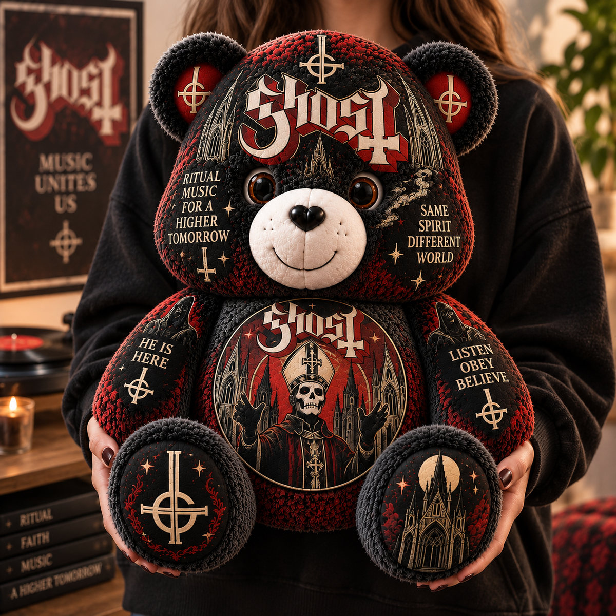 Ghost Custom Shaped Bear Pillow – Heavy Metal Music Inspired Gift for Ghost Fans