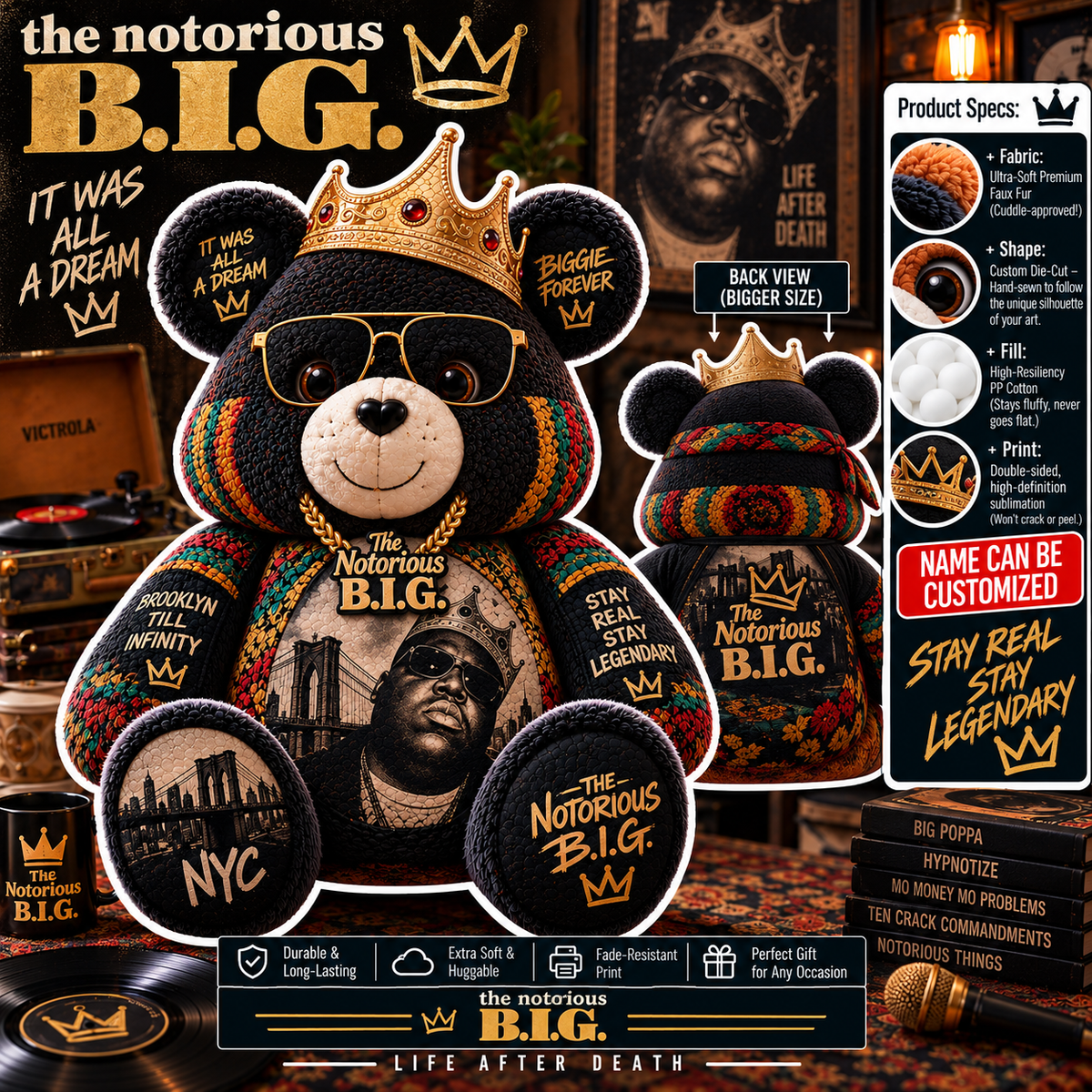 The Notorious B.I.G. Custom Shaped Bear Pillow – It Was All a Dream Hip Hop Legend Inspired Gift for Biggie Fans