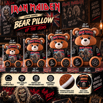 Iron Maiden Custom Shaped Bear Pillow – The Number of the Beast Run to the Hills Heavy Metal Music Inspired Gift for Iron Maiden Fans