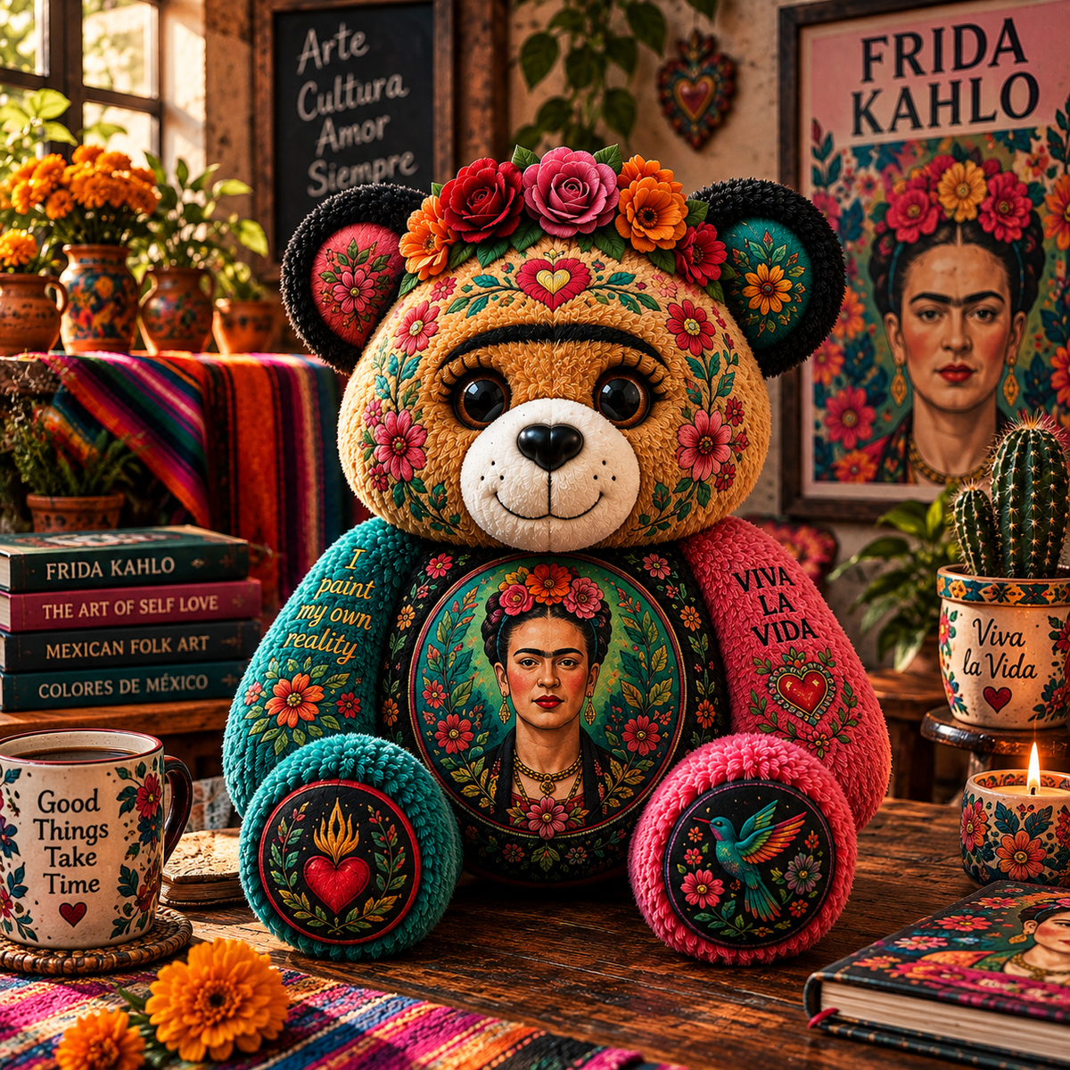 Frida Kahlo Custom Shaped Bear Pillow – Mexican Folk Art Inspired Gift for Art Lovers