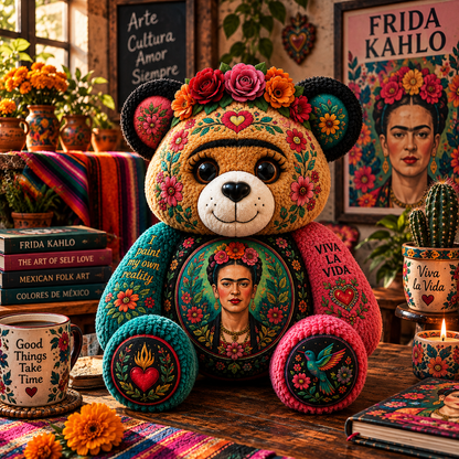 Frida Kahlo Custom Shaped Bear Pillow – Mexican Folk Art Inspired Gift for Art Lovers