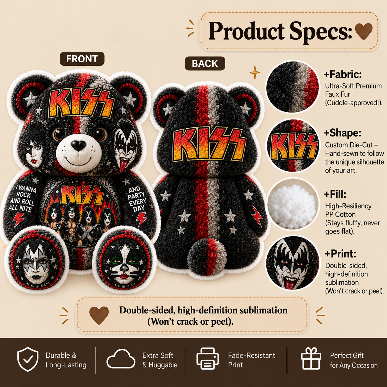 KISS Bear Custom Shaped Pillow – Rock and Roll Band Fan Gift, Classic Rock Music Decor