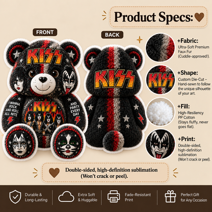 KISS Bear Custom Shaped Pillow – Rock and Roll Band Fan Gift, Classic Rock Music Decor