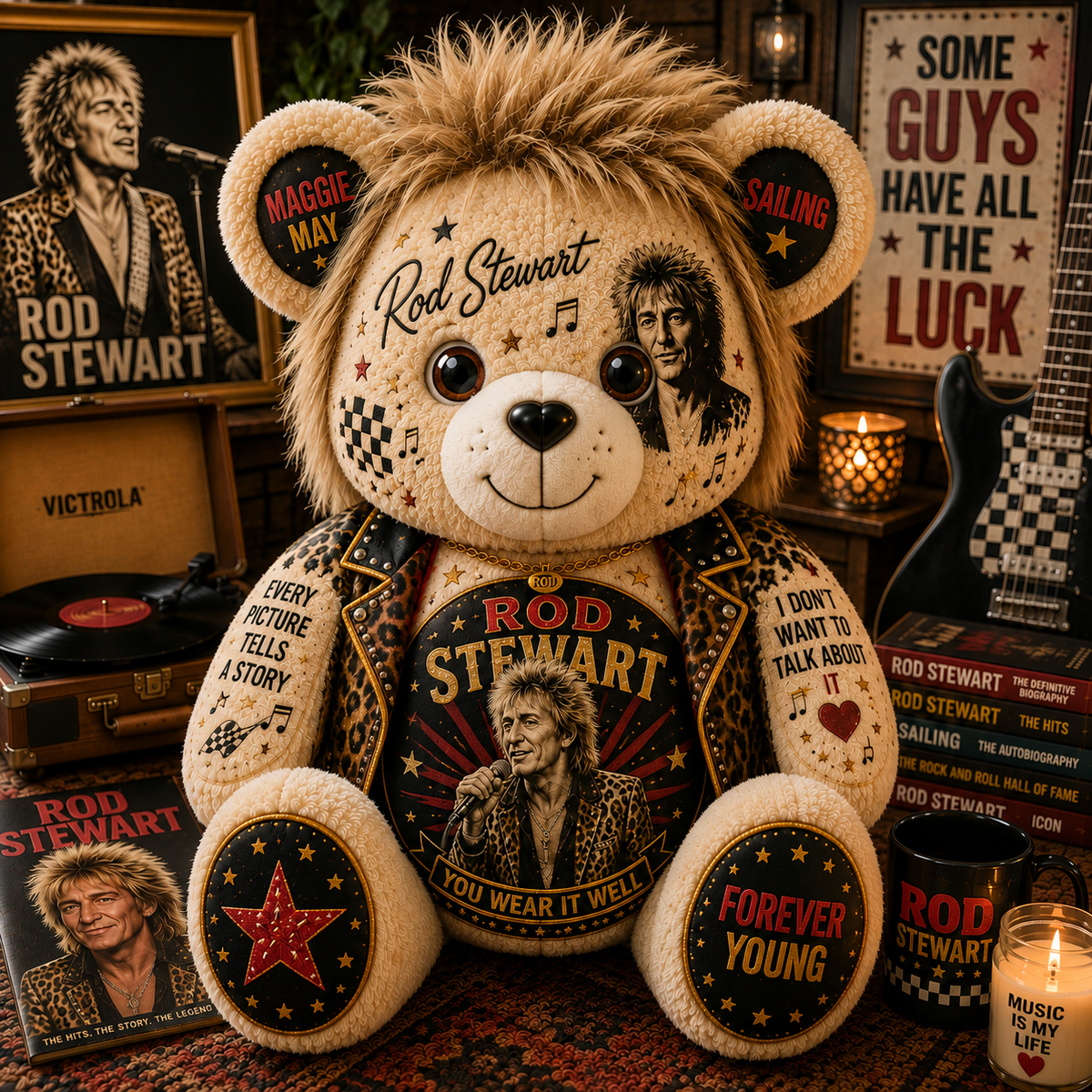 Rod Stewart Bear Custom Shaped Pillow – Forever Young Rock Music Fan Gift, Classic Rock Lover Decor