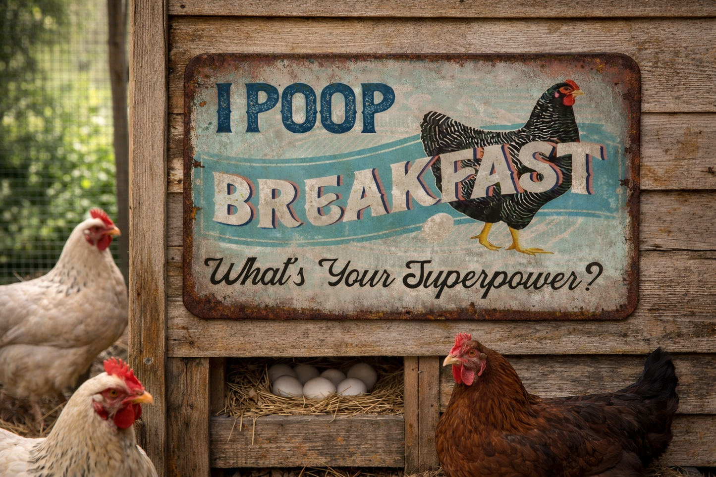 I Poop Breakfast What's Your Superpower - Funny Chicken Metal Sign