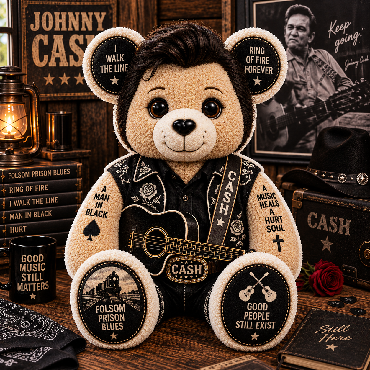 Johnny Cash Bear Custom Shaped Pillow – King of Country, Pure Country Music Fan Gift