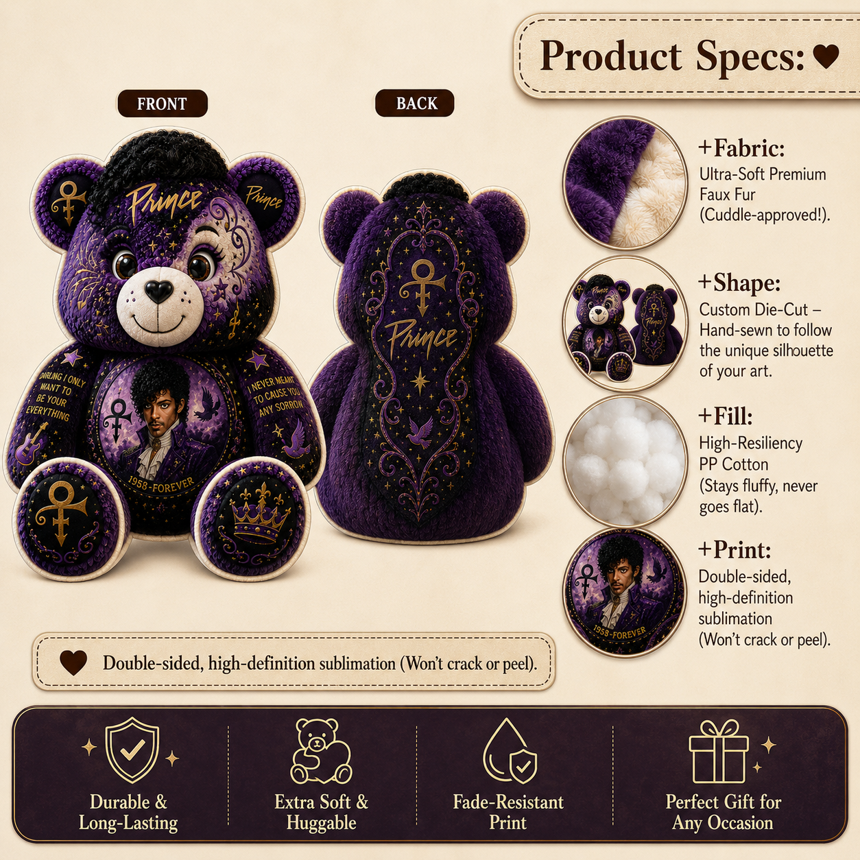 Prince Bear Custom Shaped Pillow – Gift for Prince Fans & Purple Rain Music Lovers