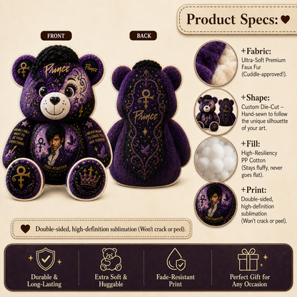 Prince Bear Custom Shaped Pillow – Gift for Prince Fans & Purple Rain Music Lovers