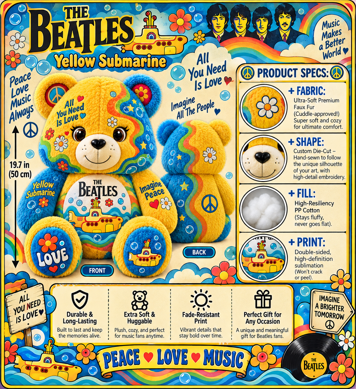 The Beatles Bear Custom Shaped Pillow – Gift for Beatles Fans & Music Lovers 2