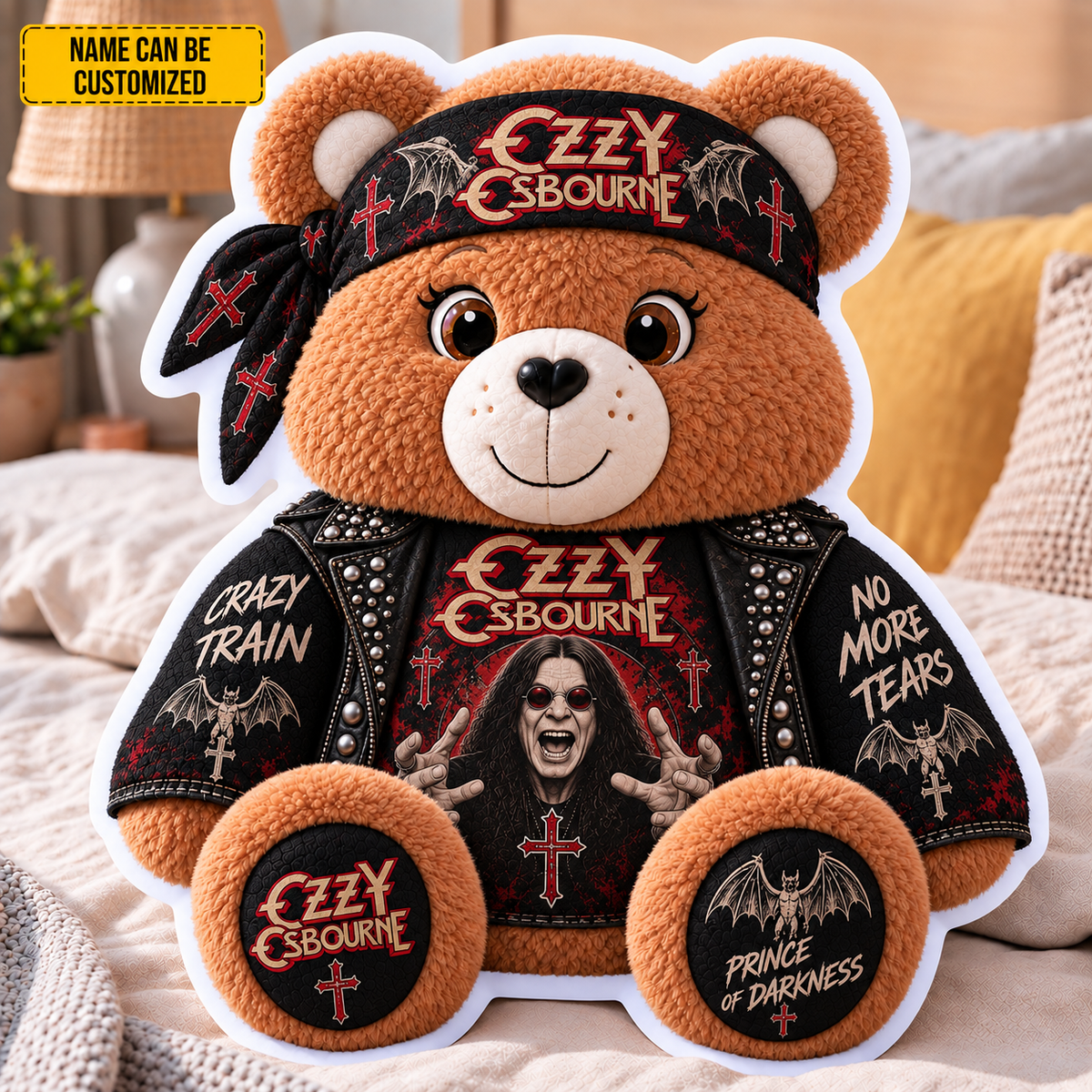 Ozzy Osbourne Custom Shaped Bear Pillow – Crazy Train Prince of Darkness Rock Music Inspired Gift for Ozzy Fans