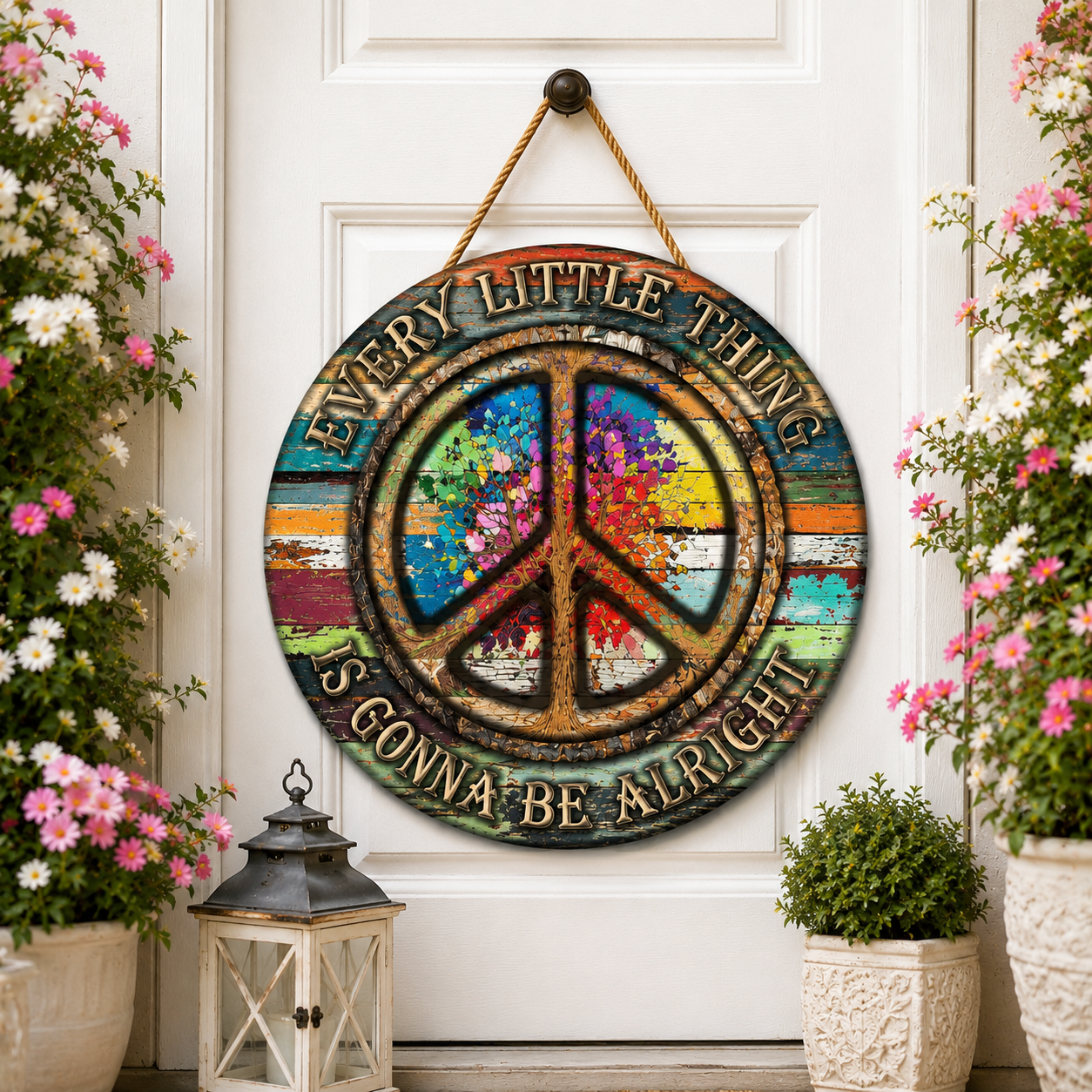Hippie Peace Every Little Thing Is Gonna Be Alright - Beautiful Round Wood Sign