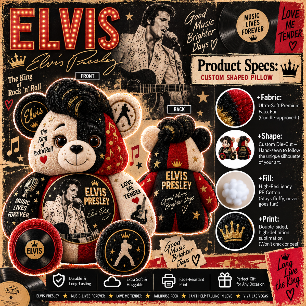 Elvis Presley Bear Custom Shaped Pillow – The King of Rock ’n’ Roll Fan Gift