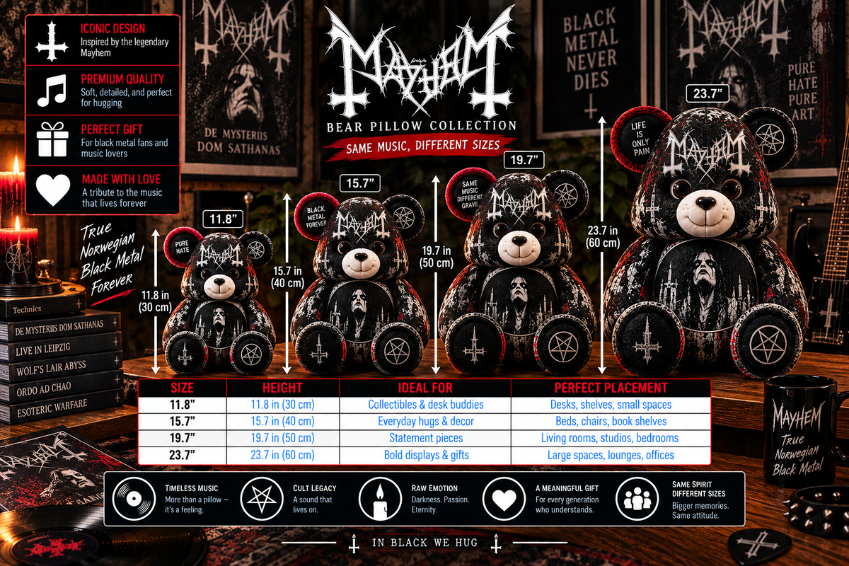 Mayhem Custom Shaped Bear Pillow – Norwegian Black Metal Inspired Gift for Fans