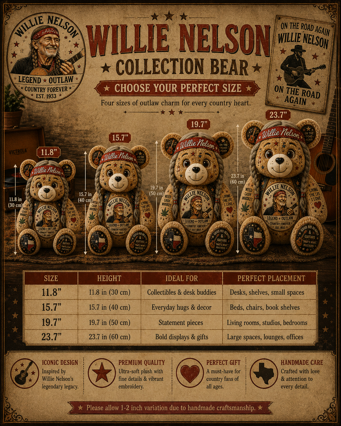 Willie Nelson Bear Custom Shaped Pillow – Gift for Fans & Country Music Lovers