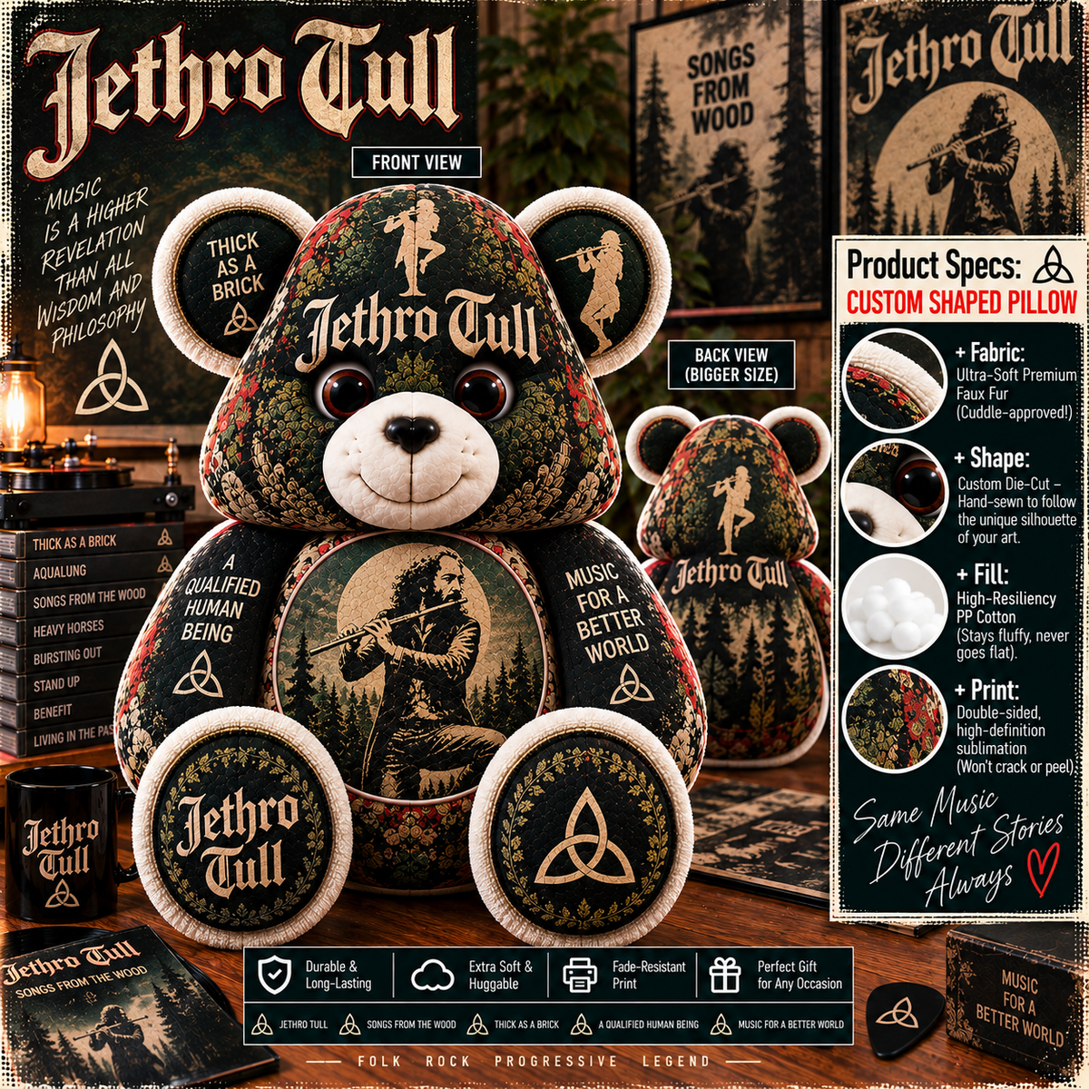 Jethro Tull Custom Shaped Bear Pillow – Progressive Folk Rock Music Inspired Gift for Fans