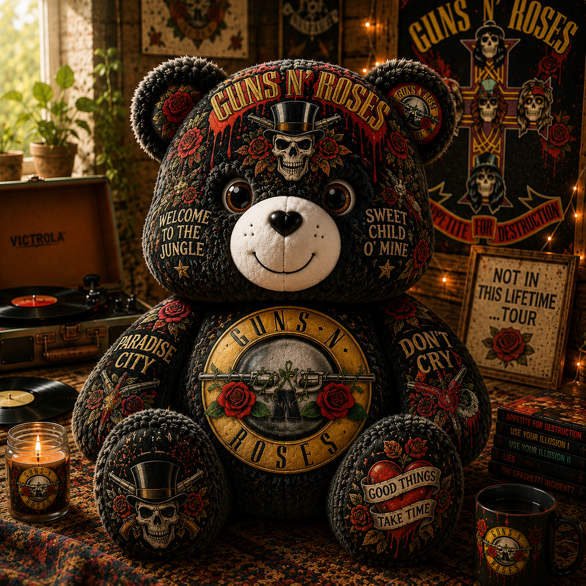 Guns N’ Roses Bear Custom Shaped Pillow – Appetite for Destruction Classic Rock Band Fan Gift