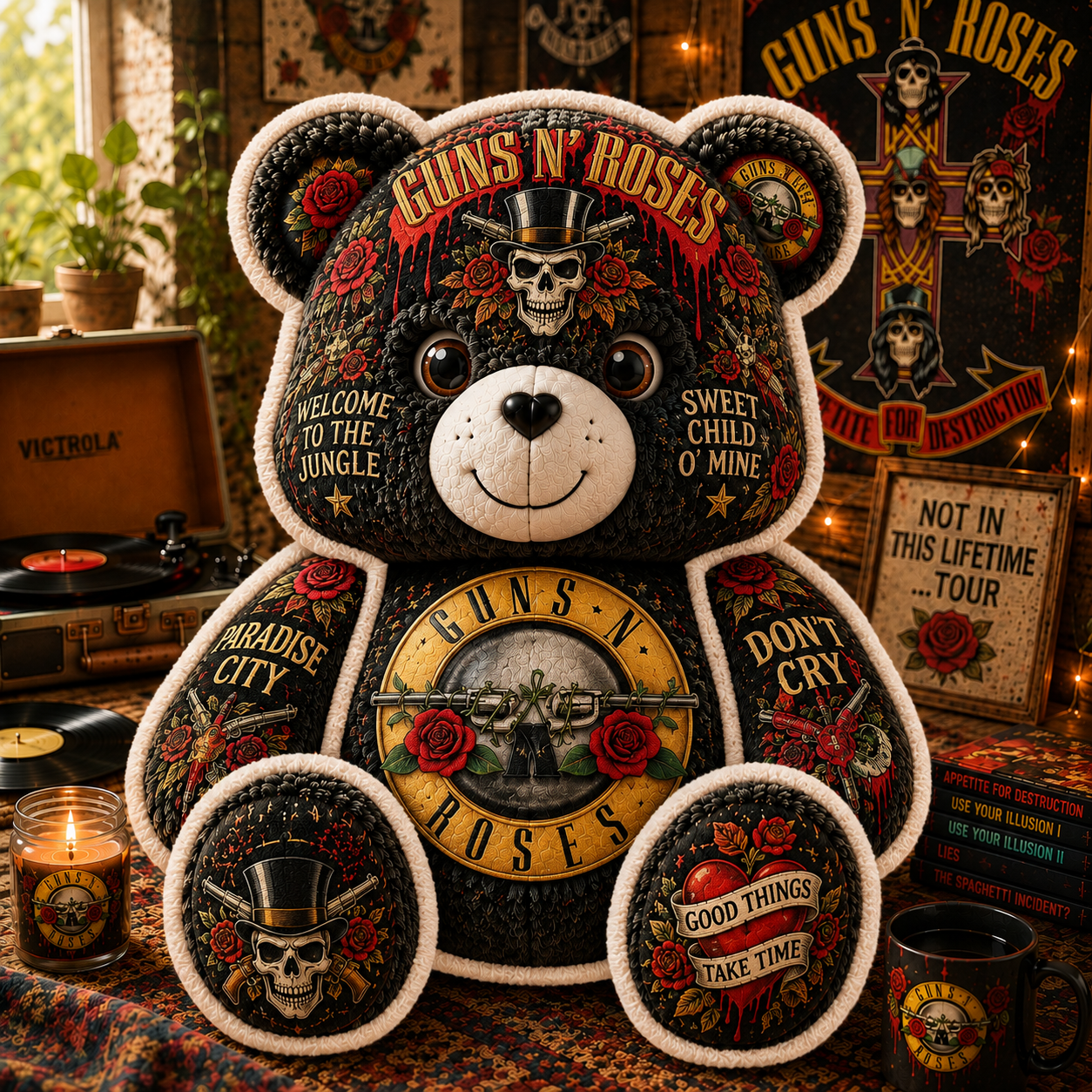 Guns N’ Roses Bear Custom Shaped Pillow – Appetite for Destruction Classic Rock Band Fan Gift