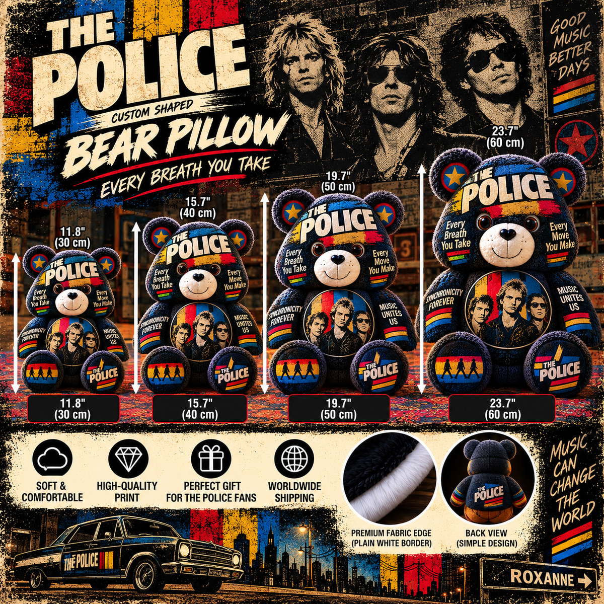 The Police Custom Shaped Bear Pillow – Every Breath You Take Classic Rock Inspired Gift for The Police Fans