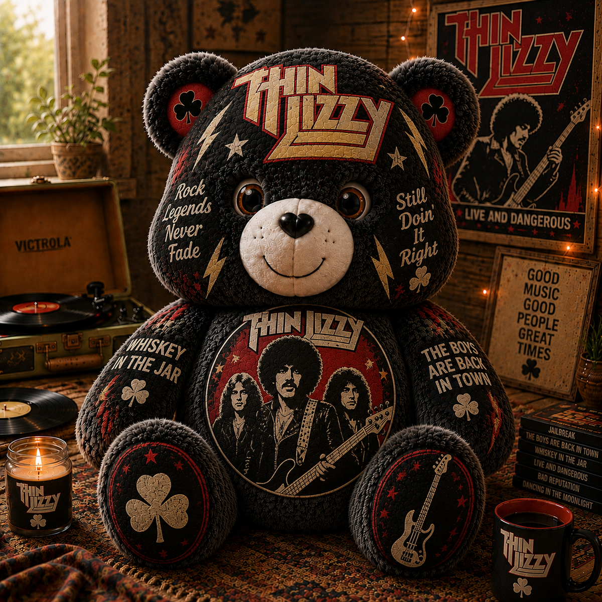 Thin Lizzy Custom Shaped Bear Pillow – Classic Rock Music Inspired Gift for Thin Lizzy Fans