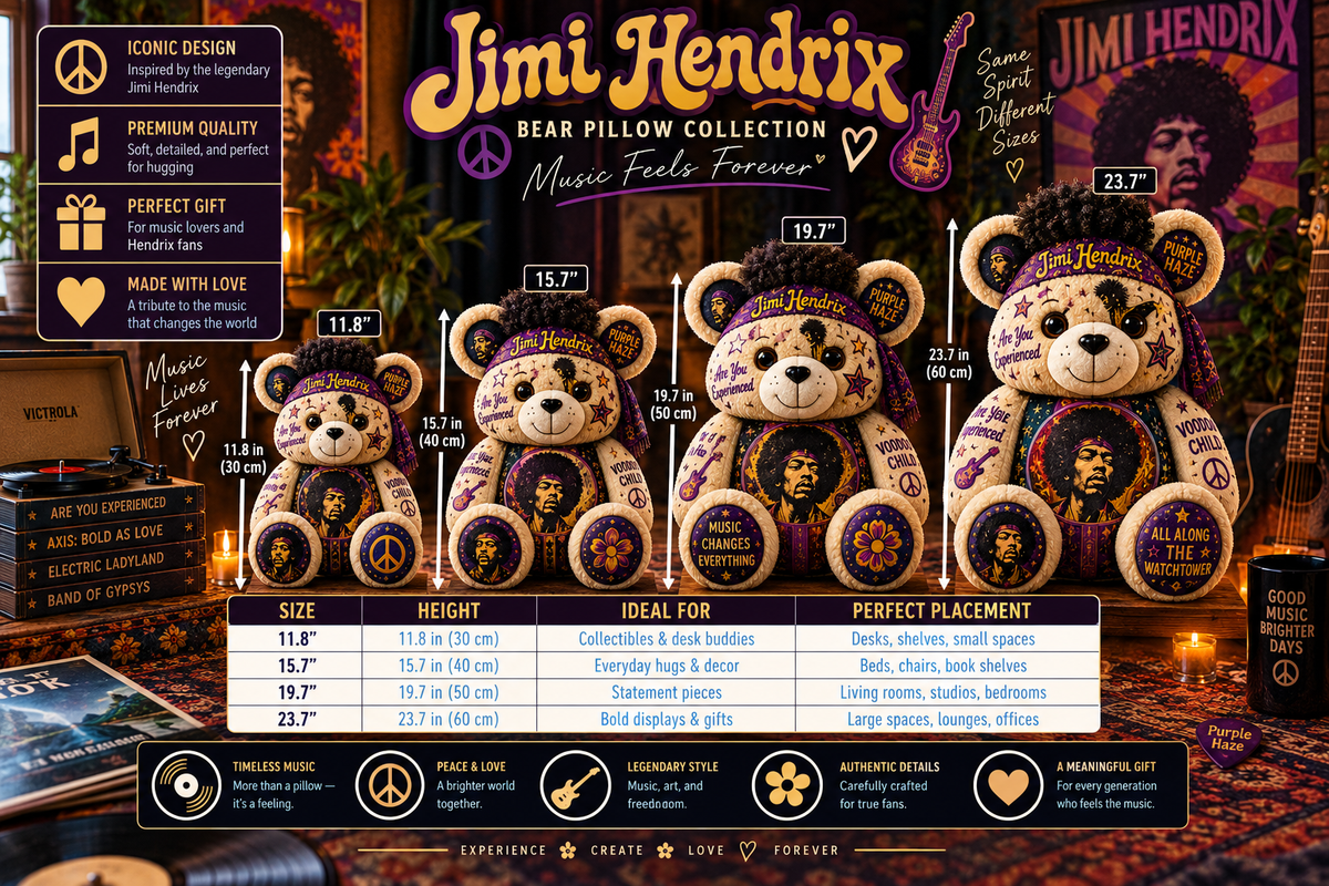 Jimi Hendrix Bear Custom Shaped Pillow – Purple Haze Rock Music Fan Gift