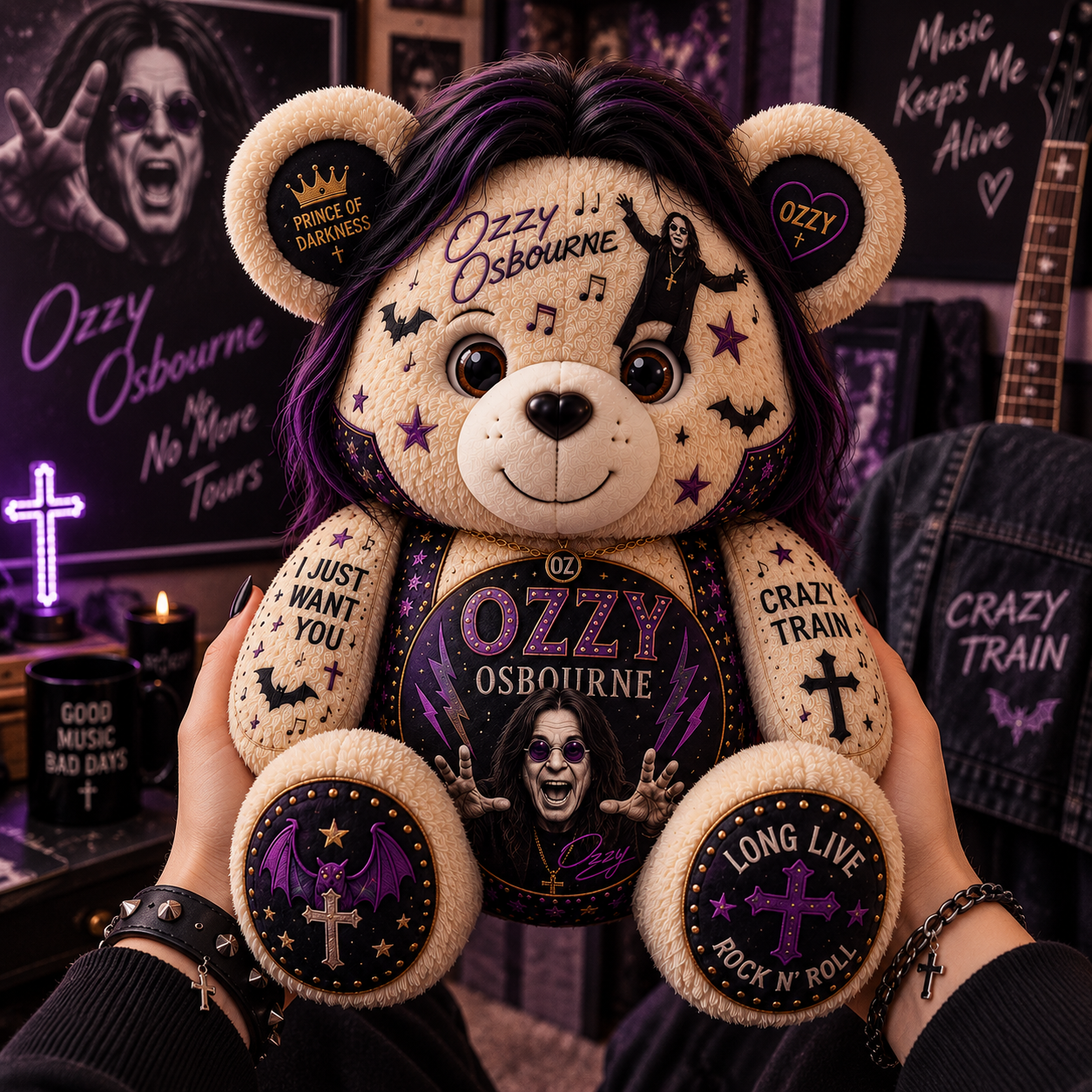 Ozzy Osbourne Bear Custom Shaped Pillow – Prince of Darkness Rock Music Fan Gift