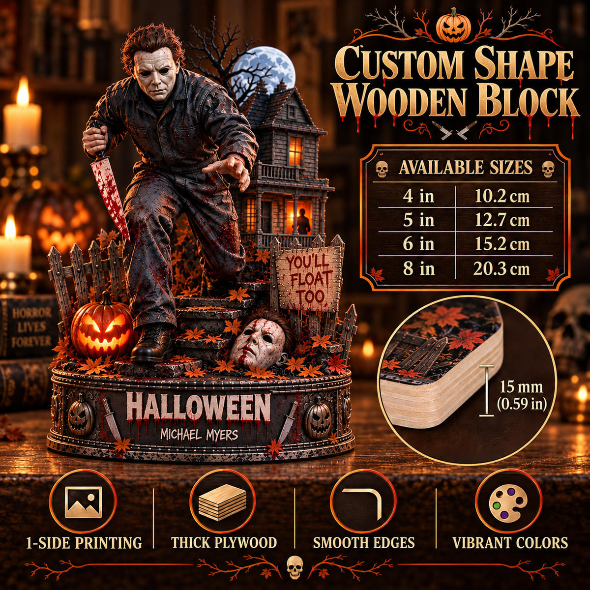 Michael Myers Halloween Horror Wooden Block - Collectible Table Decor