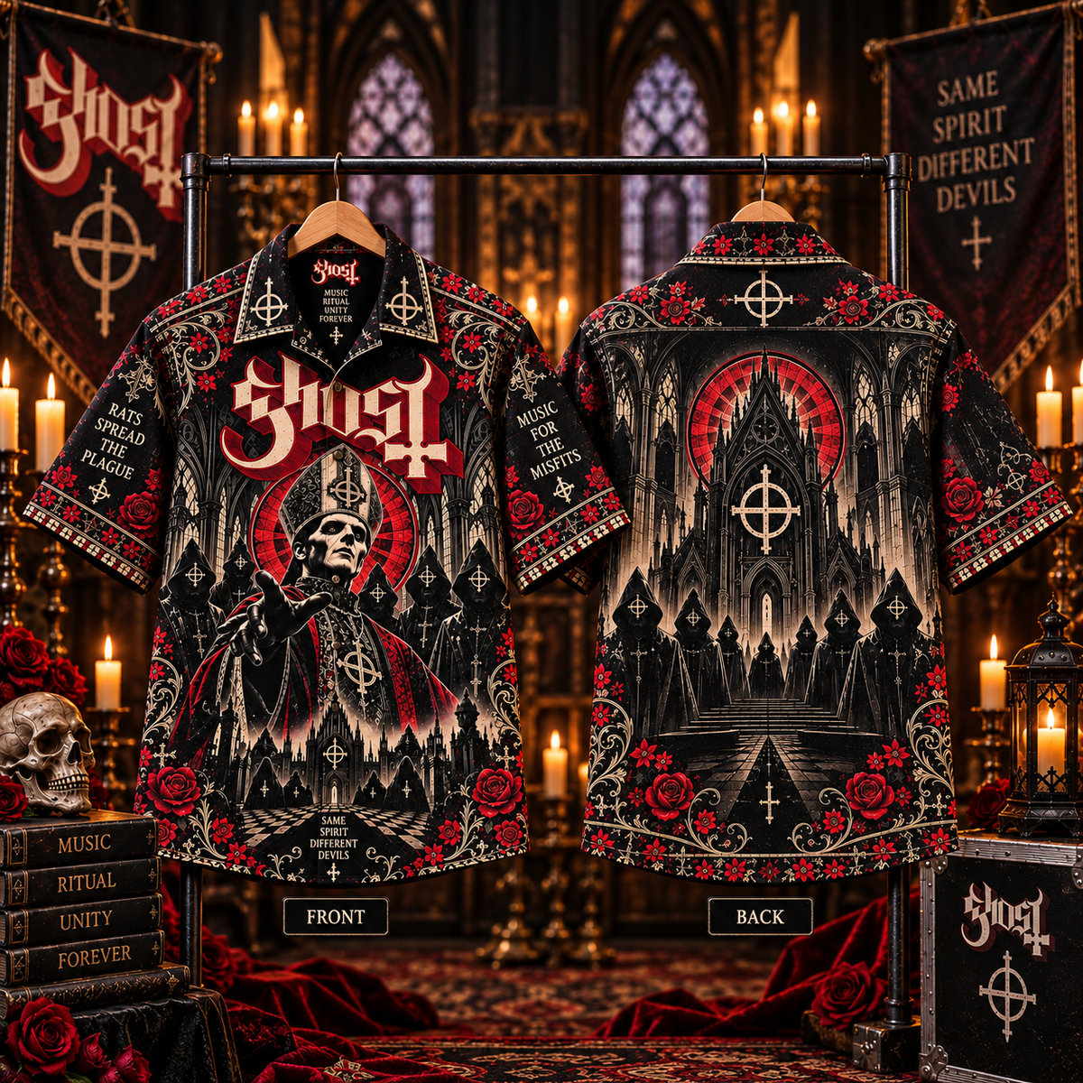 Ghost Hawaiian Shirt – Gothic Rock Music Inspired AOP Shirt, Dark Ritual Fan Gift
