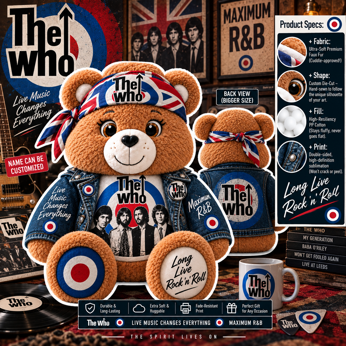 The Who Custom Shaped Bear Pillow – Classic British Rock Inspired Gift for The Who Fans