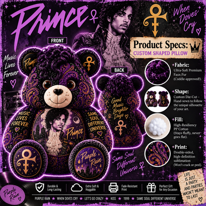 Prince Bear Custom Shaped Pillow – Purple Rain Music Fan Gift