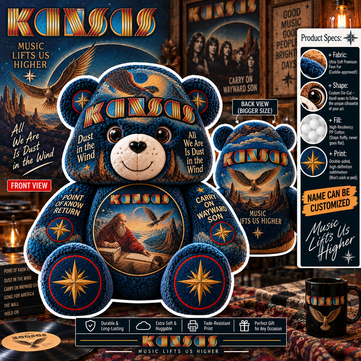 Kansas Custom Shaped Bear Pillow – Carry On Wayward Son Classic Rock Inspired Gift for Kansas Fans