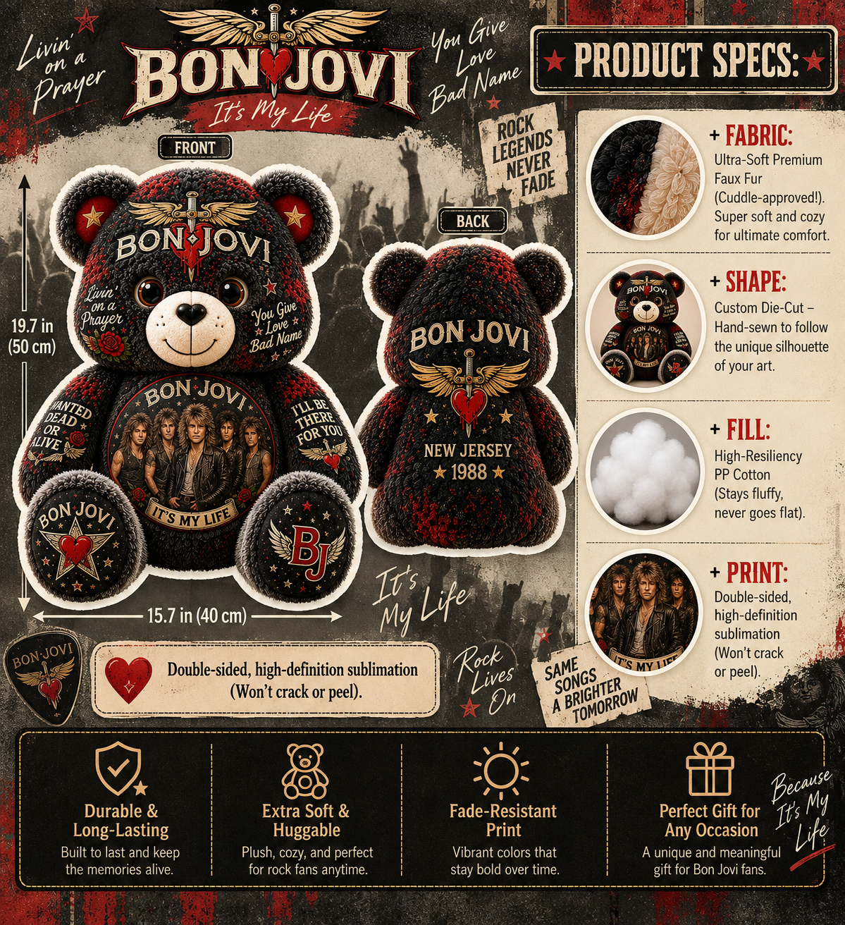Bon Jovi Band Bear Custom Shaped Pillow – Rock Music Legend Gift