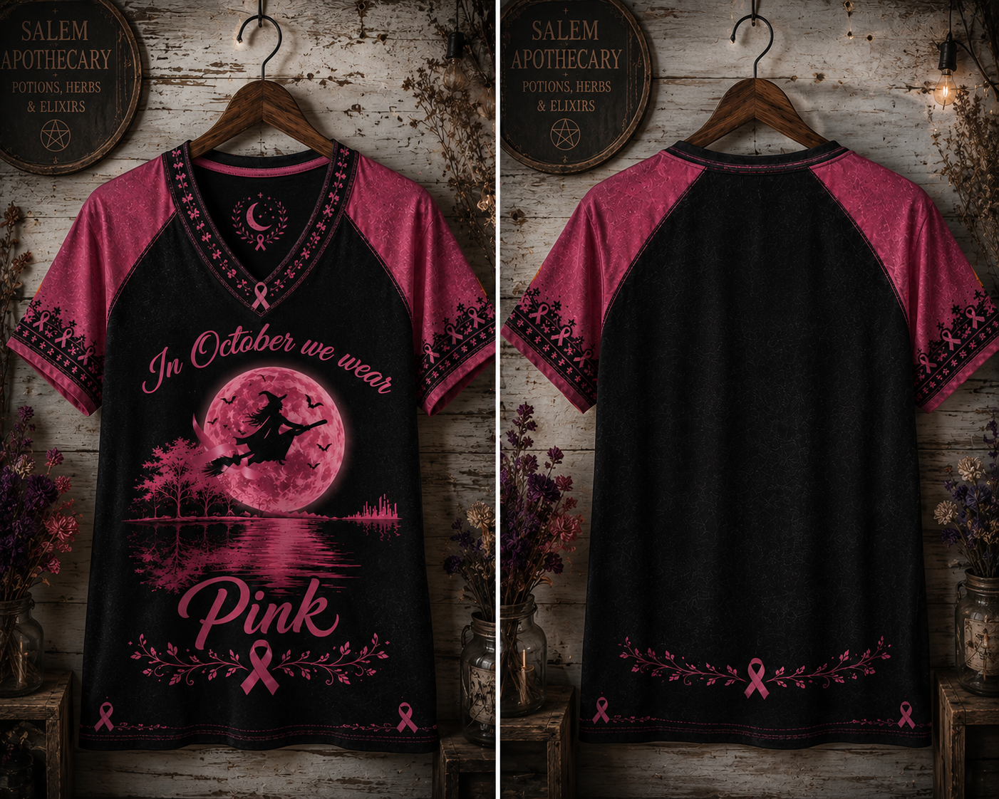 In October We Wear Pink Ribbon Witch Breast Cancer Halloween Shirt