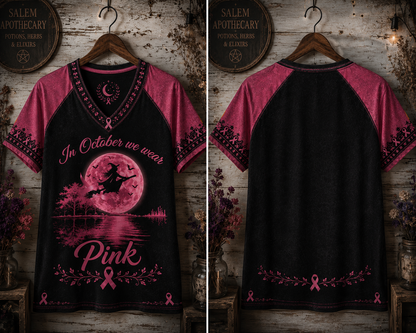 In October We Wear Pink Ribbon Witch Breast Cancer Halloween Shirt