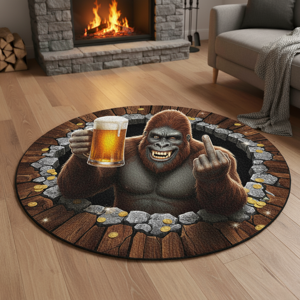 Sasquatch Drinking Beer Hole In Floor Round Mat