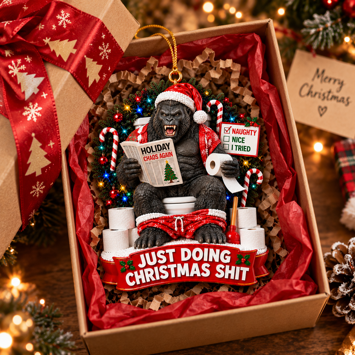 King Kong Just Doing Christmas Shit Ornament – Funny Gorilla Christmas Decor, Monster Fan Holiday Gift