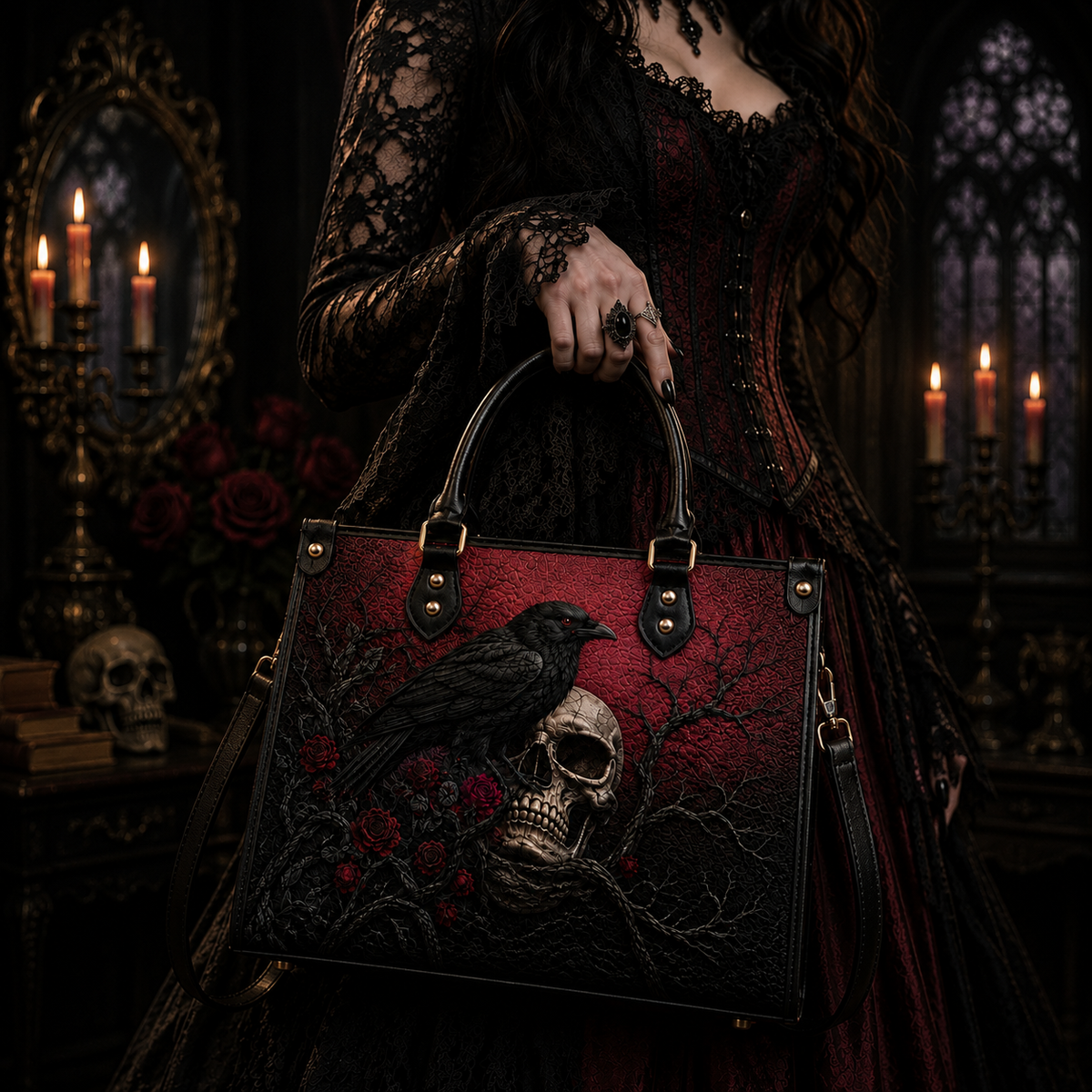 The Raven Gothic Leather Handbag – Dark Literary Skull & Rose Bag