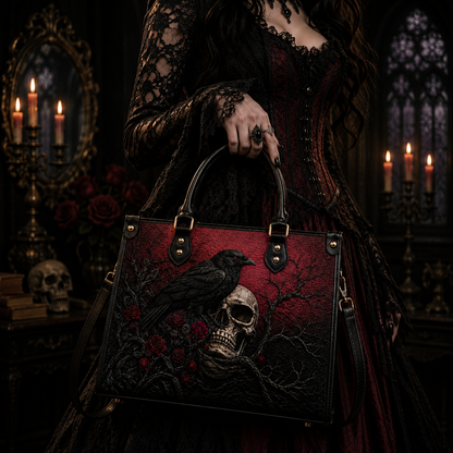 The Raven Gothic Leather Handbag – Dark Literary Skull & Rose Bag