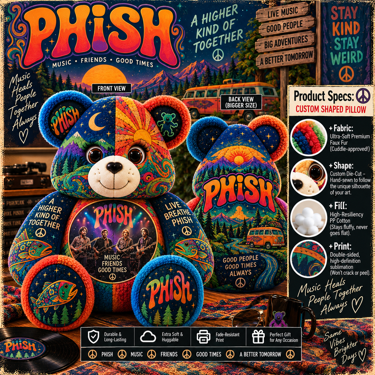 Phish Bear Custom Shaped Pillow – Psychedelic Jam Rock Music Fan Gift