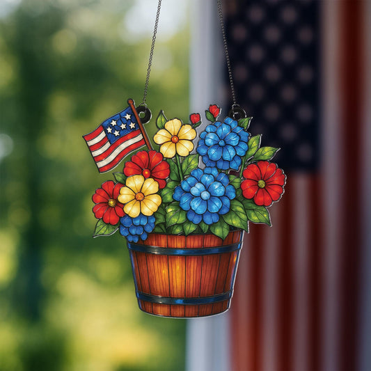 American Flag Floral Flower Suncatcher - Personalized Shape Stained Glass Suncatcher