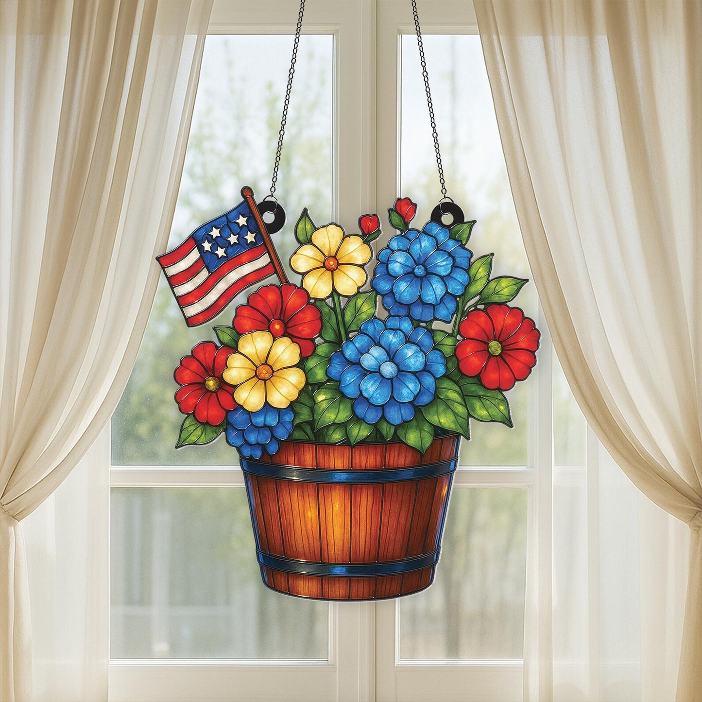 American Flag Floral Flower Suncatcher - Personalized Shape Stained Glass Suncatcher