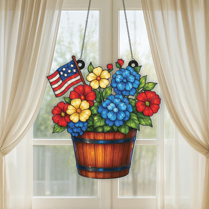 American Flag Floral Flower Suncatcher - Personalized Shape Stained Glass Suncatcher