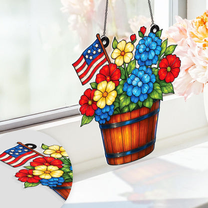 American Flag Floral Flower Suncatcher - Personalized Shape Stained Glass Suncatcher