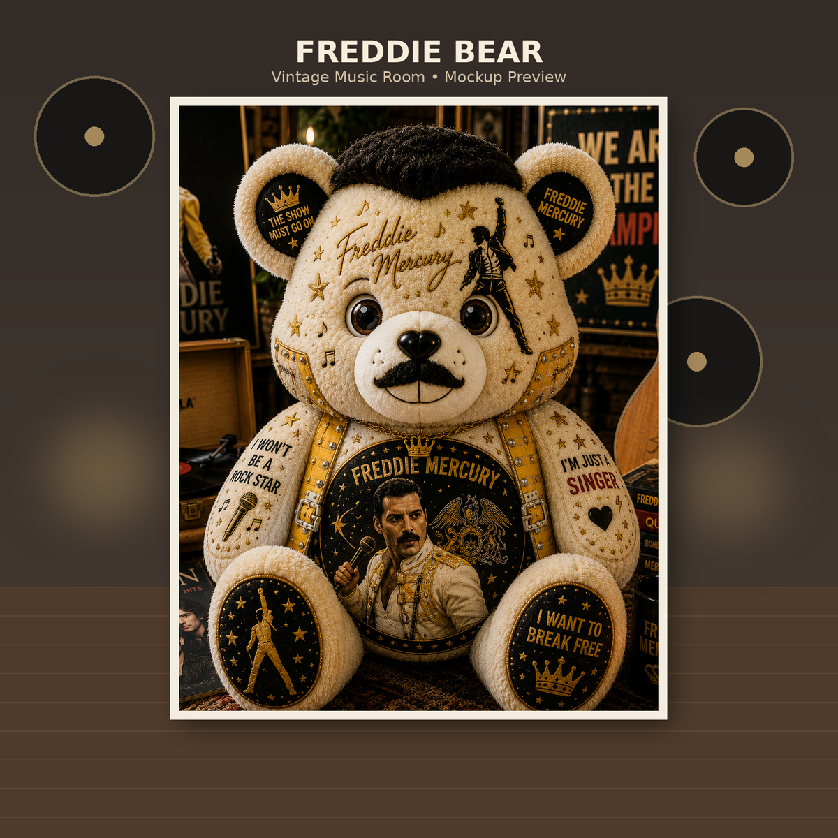 Freddie Mercury Bear Custom Shaped Pillow – Rock Music Legend Gift