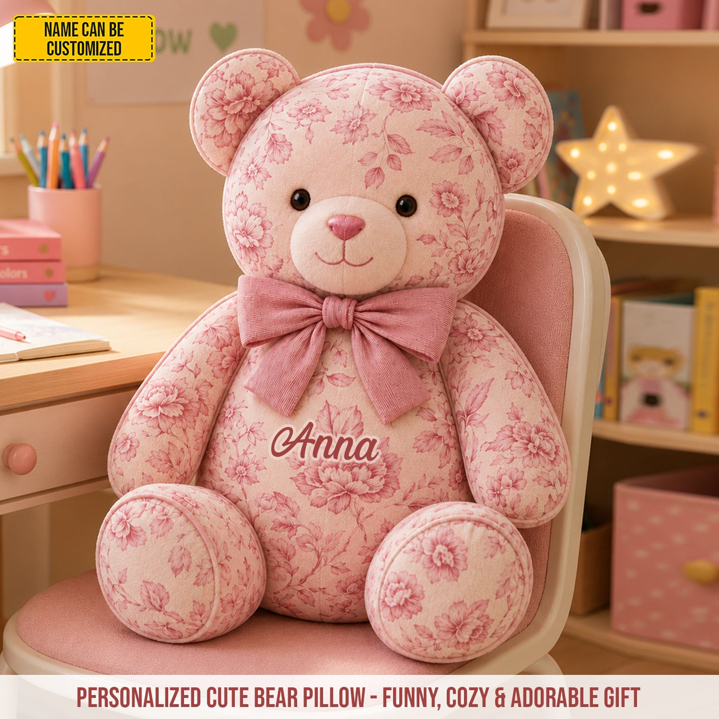 Personalized Vintage Floral Teddy Bear Custom Shape Pillow