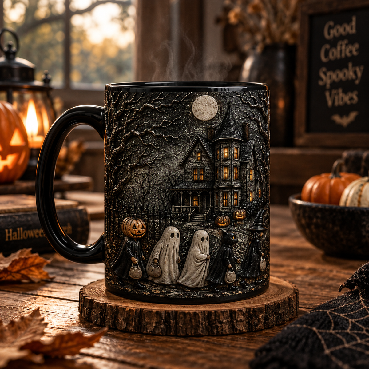 Haunted Halloween Night Trick or Treat 3D Black Mug – Spooky Ghost House Coffee Cup
